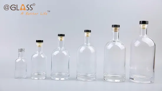 Vente en gros 100 ml/200 ml/375 ml/500 ml/700 ml/750 ml/1L bouteille d'alcool en verre bouteilles en verre vides rondes nordiques avec du liège en bois