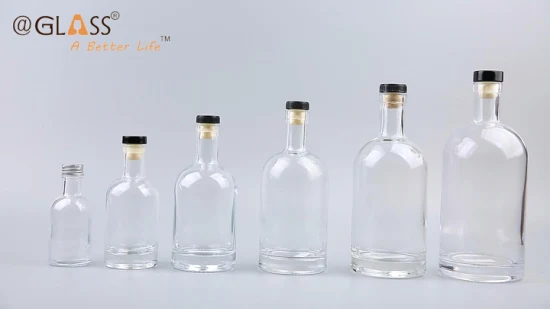 Vente en gros 100 ml/200 ml/375 ml/500 ml/700 ml/750 ml/1L bouteille d'alcool en verre bouteilles en verre vides rondes nordiques avec du liège en bois